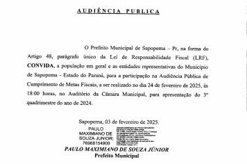 Primeira Audiência Pública - apresentação do 3º Quadrimestre do ano de 2024 - Cumprimento das Metas Fiscais do Poder Executivo 